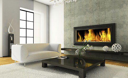 modern fireplace and family room