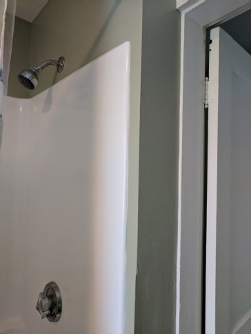 Add a pocket door in wall behind shower head and plumbing