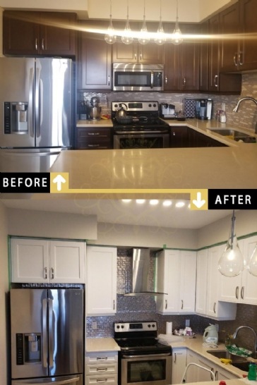 Veneer fibreboard light brown kitchen cupboards to an off white