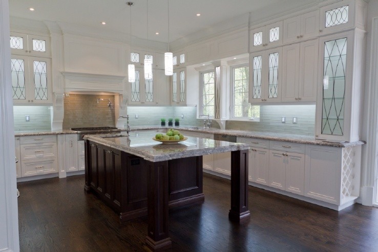 Transitional Kitchen with glass cabinet door