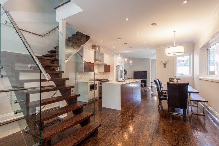 open concept and glass railing stairs