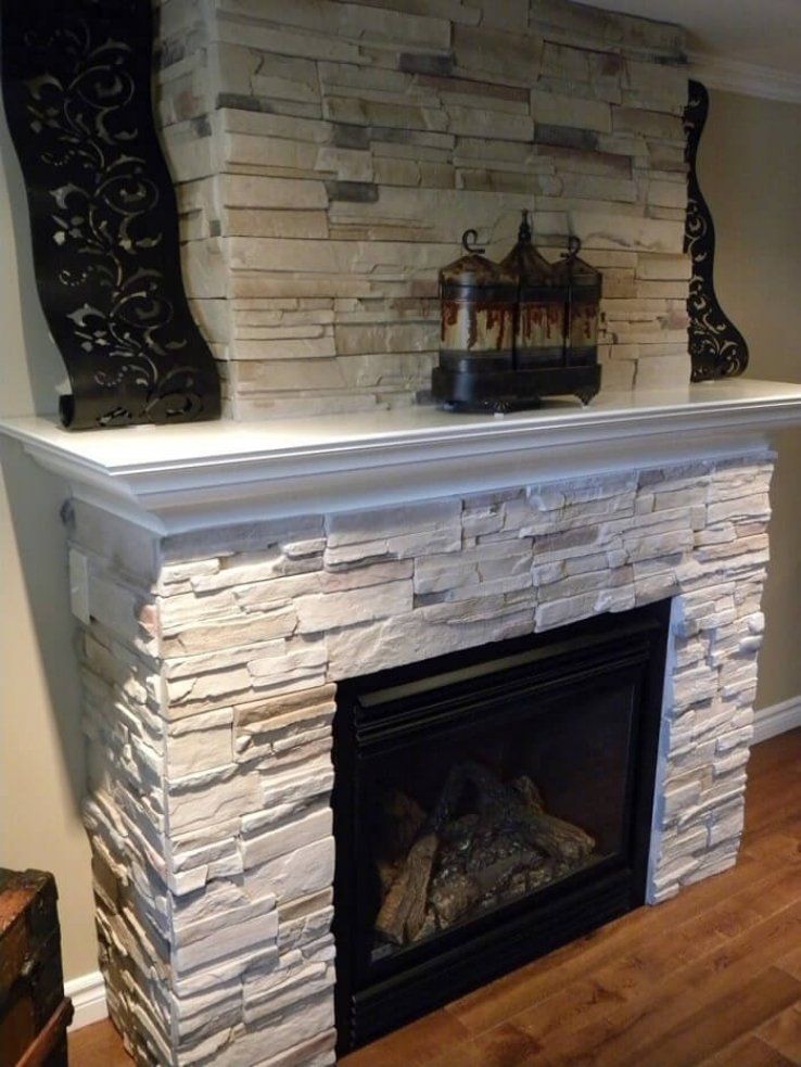 Stone covered fireplace